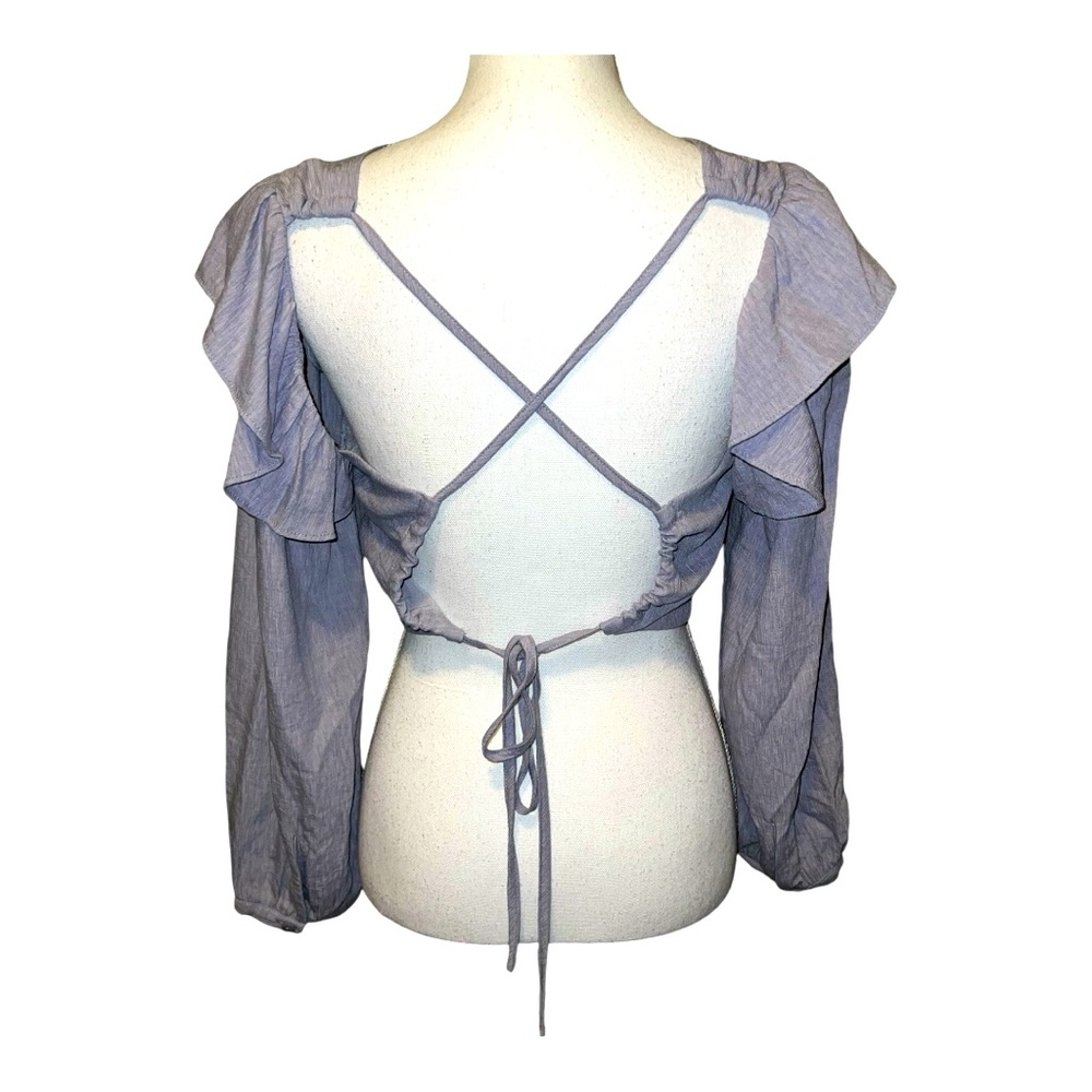 Miou Muse lilac whimsical long sleeve crop top with open tie back